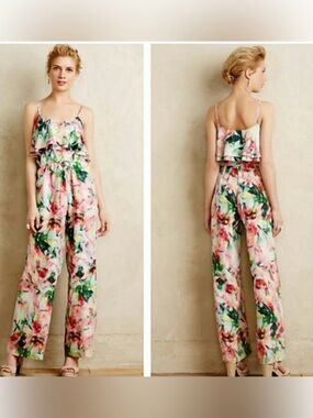 Fleur Wood 100% Silk Floral Wide Leg Jumpsuit Size Small